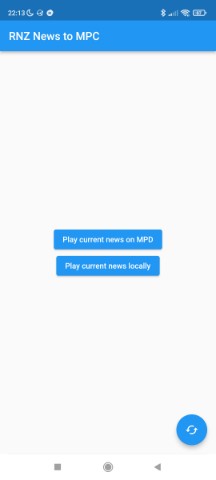 Screenshot of an Android application - showing 2 buttons. The first button is labelled &ldquo;Play current news on MPD&rdquo;, the second button is labelled &ldquo;Play current news locally&rdquo;